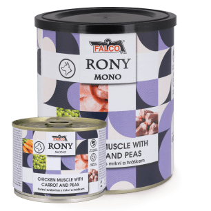 Konzerva RONY MONO – kuřecí svalovina s mrkví a hráškem
