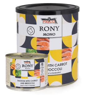Konzerva RONY MONO – losos s mrkví a brokolicí