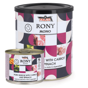 Konzerva RONY MONO – vepřová svalovina s mrkví a špenátem